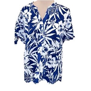 Land n’ Sea Pullover Blue White Tropical Resort Wear SS Blouse Size XL Cotton